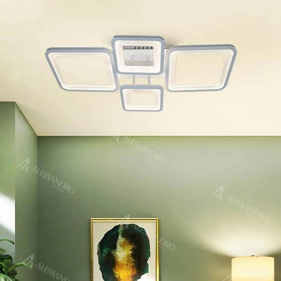 Lustra LED cu telecomanda ELLA 67W, 4 Patrate, lumina Rece/Calda/Neutra, Dimabila, Alb