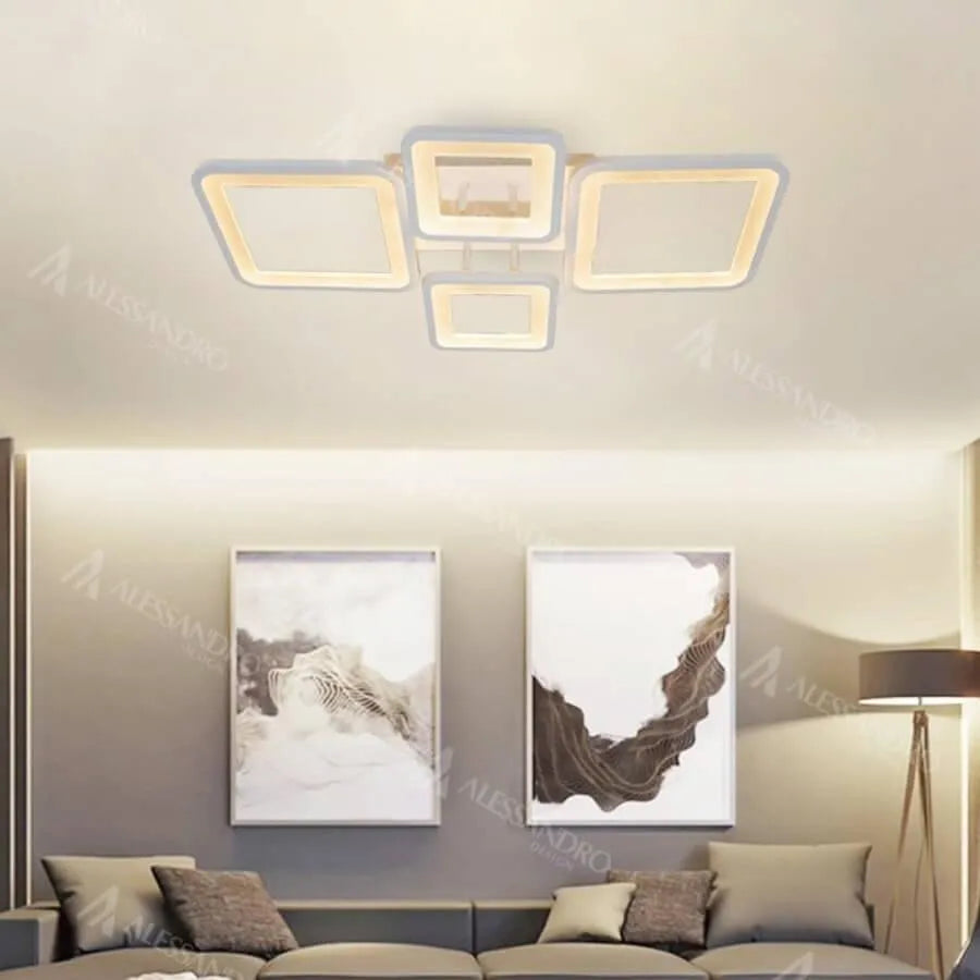 Lustra LED cu telecomanda ELLA 67W, 4 Patrate, lumina Rece/Calda/Neutra, Dimabila, Alb