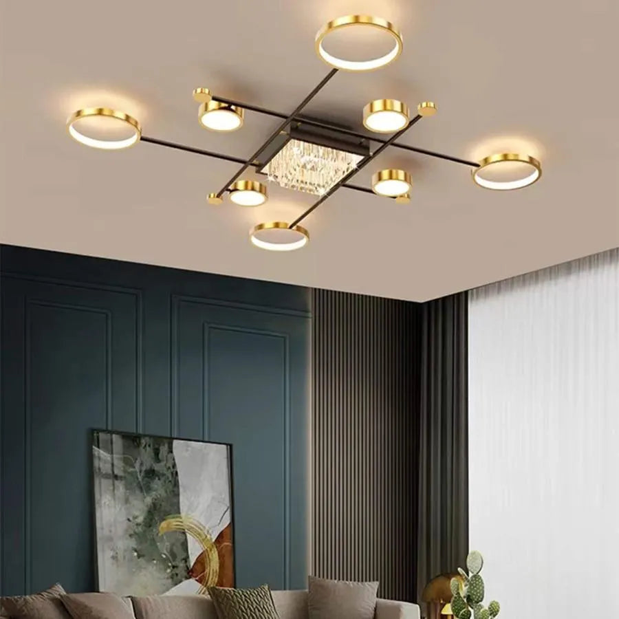 Lustra LED cu telecomanda si cristal MISEL 168W, 9 Elemente, lumina Rece/Calda/Neutra, Dimabila, Negru Auriu