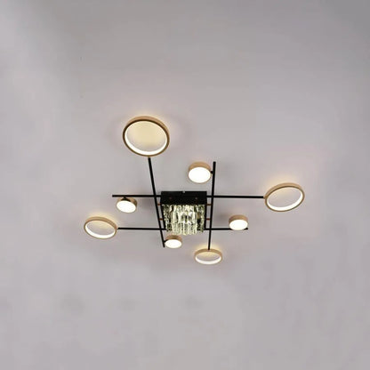 Lustra LED cu telecomanda si cristal MISEL 168W, 9 Elemente, lumina Rece/Calda/Neutra, Dimabila, Negru Auriu