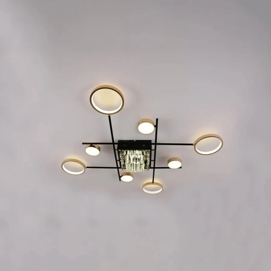 Lustra LED cu telecomanda si cristal MISEL 168W, 9 Elemente, lumina Rece/Calda/Neutra, Dimabila, Negru Auriu