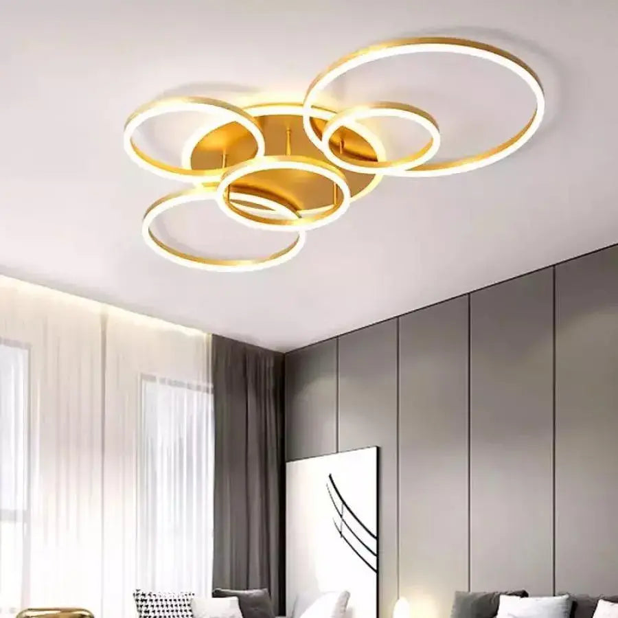 Lustra LED cu telecomanda LYRA 248W, 5 Cercuri, lumina Rece/Calda/Neutra, Dimabila, Auriu Periat