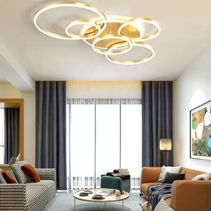 Lustra LED cu telecomanda LYRA 248W, 5 Cercuri, lumina Rece/Calda/Neutra, Dimabila, Auriu Periat