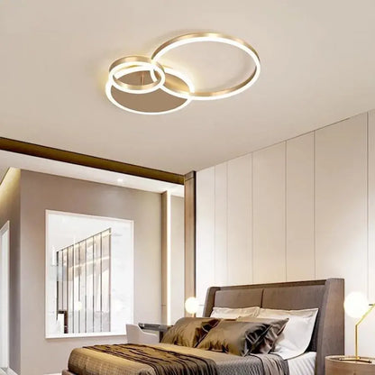 Lustra LED cu telecomanda RILIA 100W, 2 Cercuri, lumina Rece/Calda/Neutra, Dimabila, Auriu Alb 