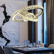 Lustra LED suspendata cu telecomanda si cristal TEATRU 36W, 3 Cercuri, lumina Rece/Calda/Neutra, Dimabila, Crom Lucios, Inaltime Reglabila