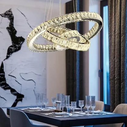 Lustra LED suspendata cu telecomanda si cristal TEATRU 36W, 3 Cercuri, lumina Rece/Calda/Neutra, Dimabila, Crom Lucios, Inaltime Reglabila