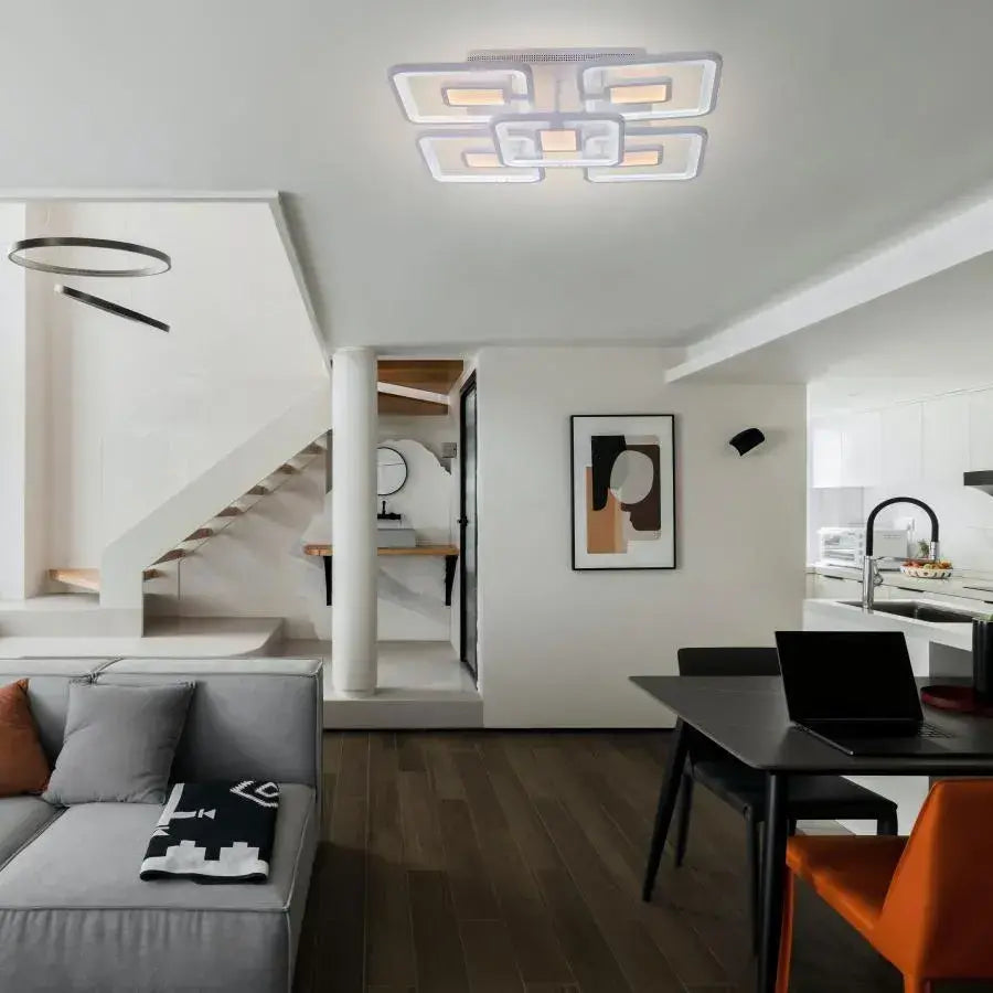 Lustra LED cu telecomanda FELIX 107W, 5 Patrate, lumina Rece/Calda/Neutra, Dimabila, Alb
