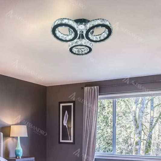 Lustra LED cu telecomanda si cristal TIMOTEI 30W, 3 Cercuri, lumina Rece/Calda/Neutra, Dimabila, Crom Lucios Negru