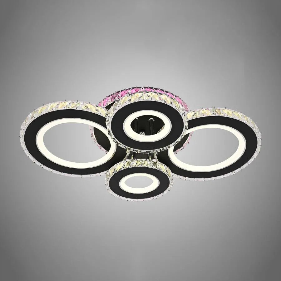 Lustra LED cu telecomanda si cristal MEILI ZAFINA RGB 136W, 4 Cercuri, lumina Rece/Calda/Neutra, Dimabila, Negru