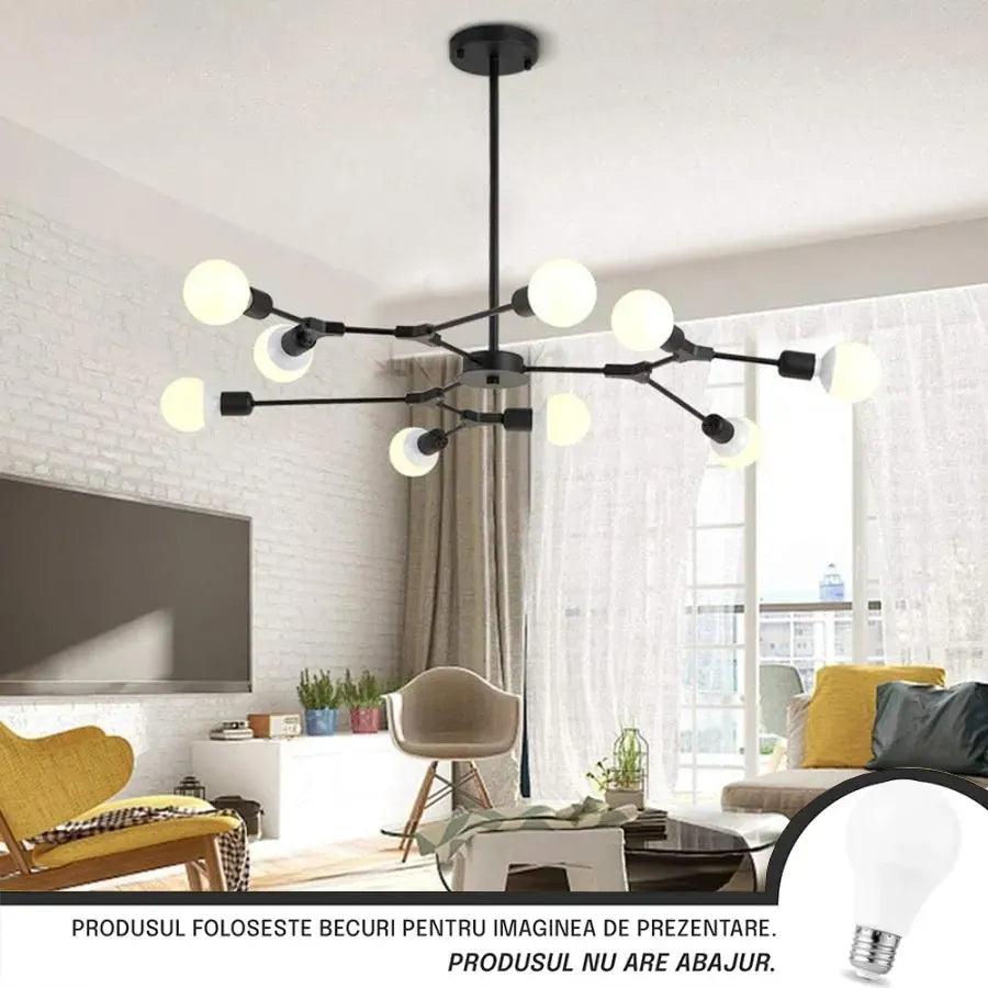 Lustra Architek Nona, 9x E27, Negru, Metal