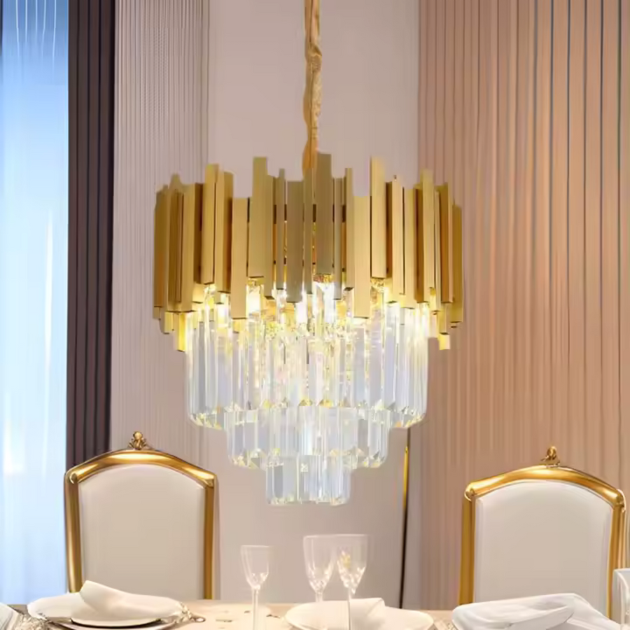 Candelabru Cristal BLOIS Eleganza, Diametru 50cm, 8x E14, Auriu Lucios, Inaltime Reglabila