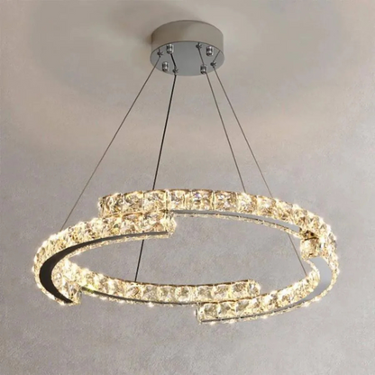 Lustra LED suspendata cu telecomanda si cristal MIA Yonca, 34W, 1 Cerc, lumina Rece/Calda/Neutra, Dimabila, Crom Lucios