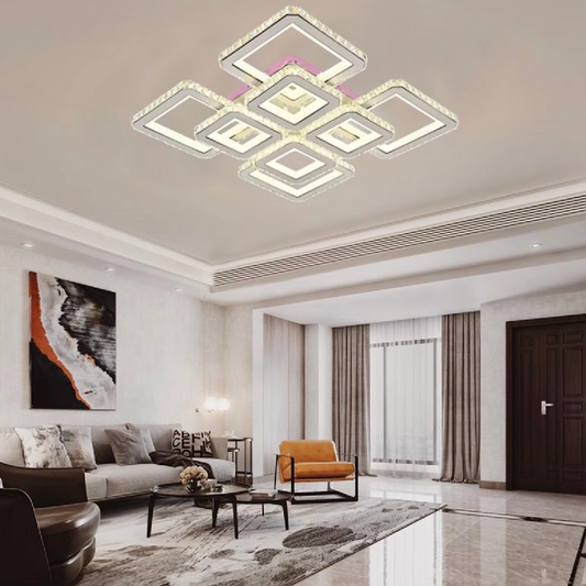 Lustra LED cu telecomanda si cristal LEILA 175W, 8 Patrate, lumina Rece/Calda/Neutra, Dimabila, Alb Crom Lucios