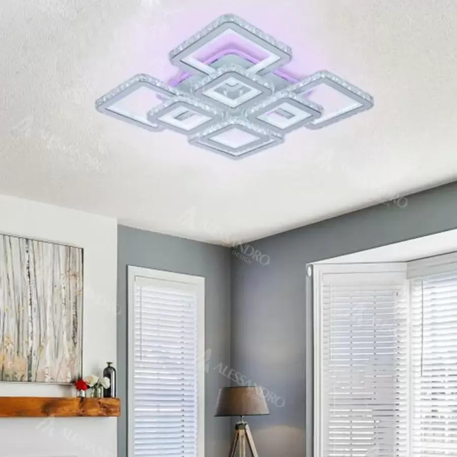 Lustra LED cu telecomanda si cristal LEILA 175W, 8 Patrate, lumina Rece/Calda/Neutra, Dimabila, Alb Crom Lucios