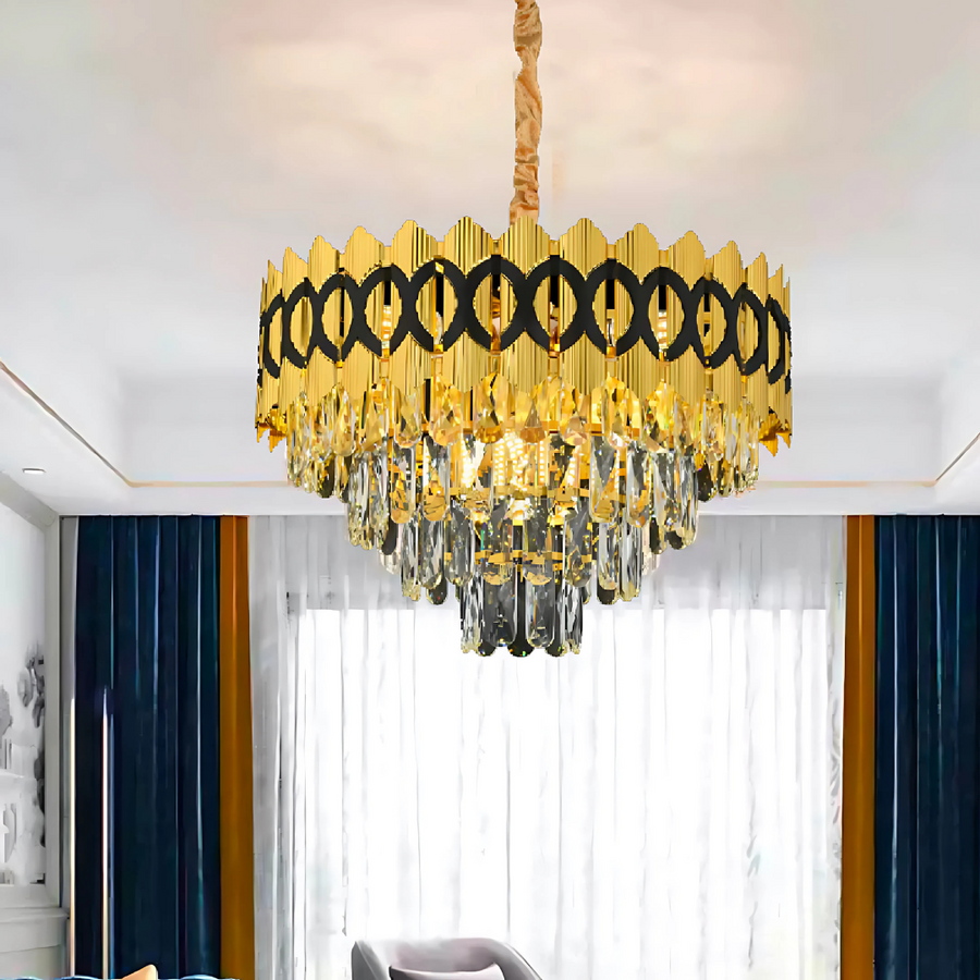 Candelabru Cristal PIERREFONDS Nobile 5xE14, Diametru 38.5cm, Auriu Lucios, Inaltime Reglabila