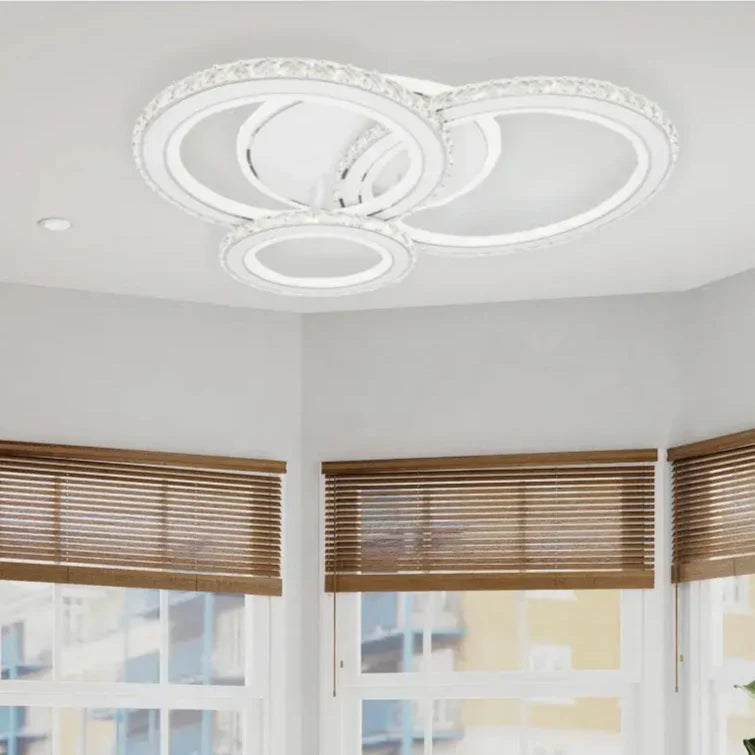 Lustra LED cu telecomanda si cristal NOVA ROTONDA RGB 75W, 3 Cercuri, lumina Rece/Calda/Neutra, Dimabila, Alb