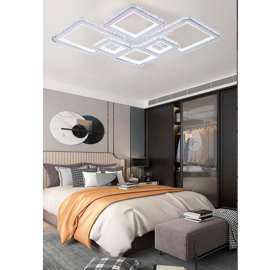 Lustra LED cu telecomanda si cristal QUADRIS RGB 175W, 6 Patrate, Lumina Rece/Calda/Neutra, Dimabila, Alb