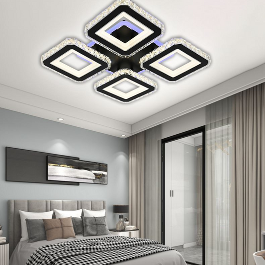 Lustra LED cu telecomanda si cristal LEILA RGB 69W, 4 Patrate, lumina Rece/Calda/Neutra, Dimabila, Negru