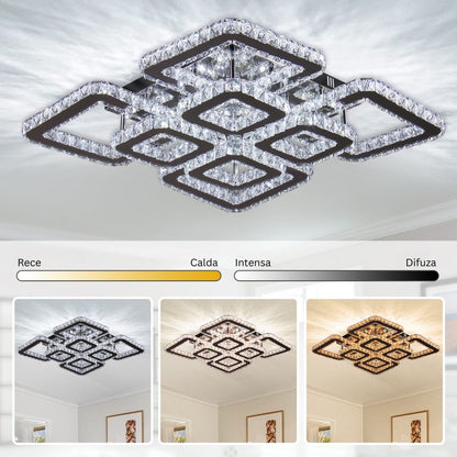Lustra LED cu telecomanda si cristal QUADRIA SUPREMO RGB 168W, 8 Patrate, lumina Rece/Calda/Neutra, Dimabila, Crom Lucios