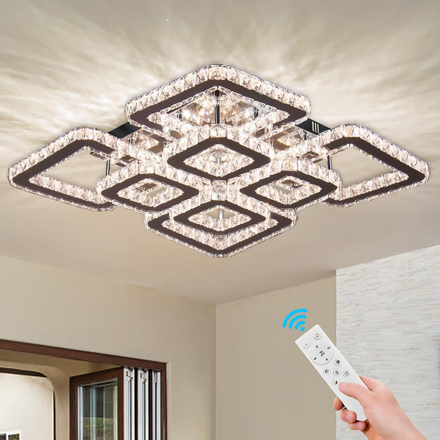 Lustra LED cu telecomanda si cristal QUADRIA SUPREMO RGB 168W, 8 Patrate, lumina Rece/Calda/Neutra, Dimabila, Crom Lucios
