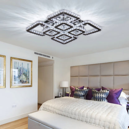Lustra LED cu telecomanda si cristal QUADRIA SUPREMO RGB 168W, 8 Patrate, lumina Rece/Calda/Neutra, Dimabila, Crom Lucios