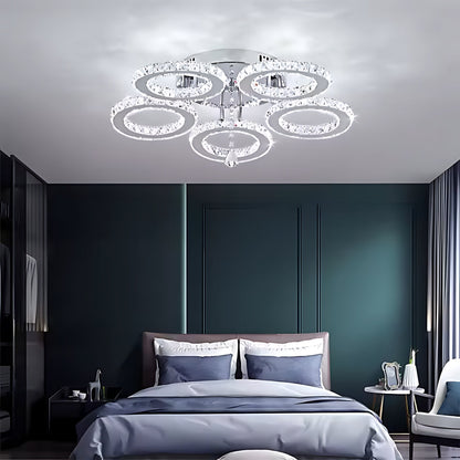 Lustra LED cu telecomanda si cristal ALANUBIS 80W, 5 Cercuri, lumina Rece/Calda/Neutra, Dimabila, Crom Lucios