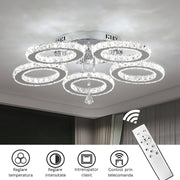 Lustra LED cu telecomanda si cristal ALANUBIS 80W, 5 Cercuri, lumina Rece/Calda/Neutra, Dimabila, Crom Lucios