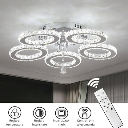 Lustra LED cu telecomanda si cristal ALANUBIS 80W, 5 Cercuri, lumina Rece/Calda/Neutra, Dimabila, Crom Lucios