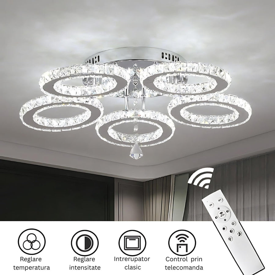 Lustra LED cu telecomanda si cristal ALANUBIS 80W, 5 Cercuri, lumina Rece/Calda/Neutra, Dimabila, Crom Lucios