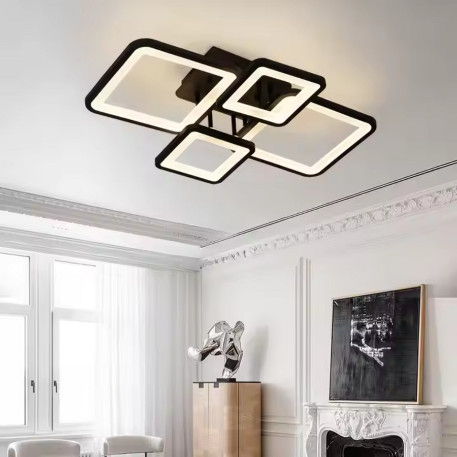 Lustra LED cu telecomanda MUGE 112W, 4 Patrate, lumina Rece/Calda/Neutra, Dimabila, Negru