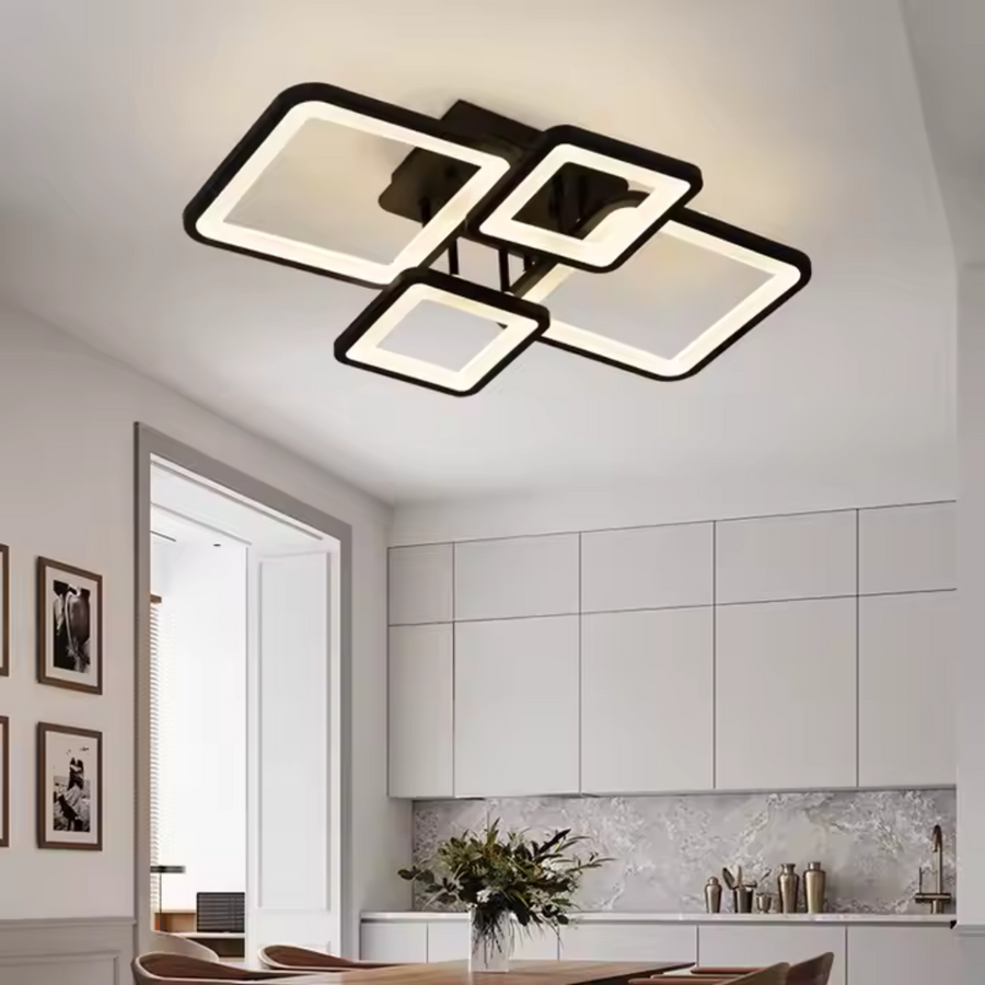 Lustra LED cu telecomanda ELLA 67W, 4 Patrate, lumina Rece/Calda/Neutra, Dimabila, Negru