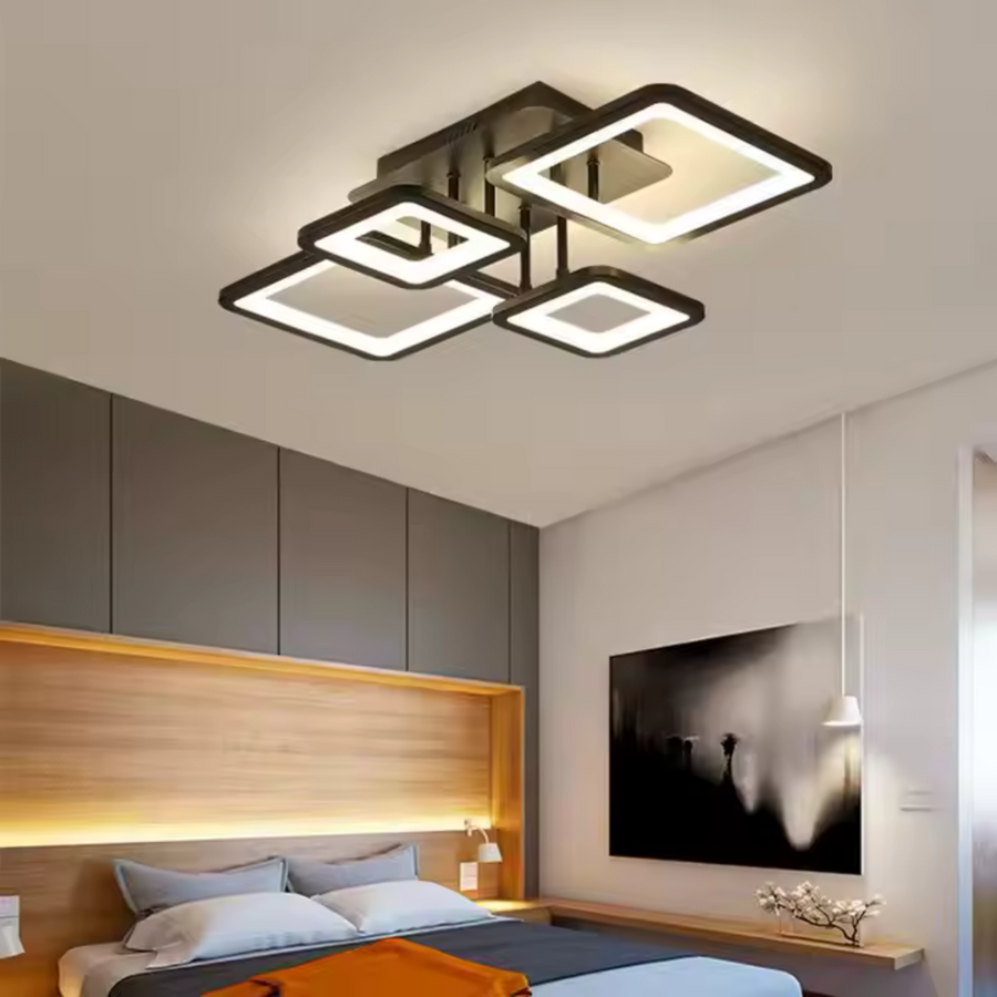 Lustra LED cu telecomanda MUGE 112W, 4 Patrate, lumina Rece/Calda/Neutra, Dimabila, Negru