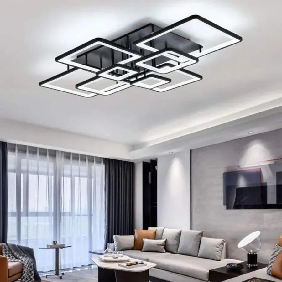 Lustra LED cu telecomanda ELLA 186W, 8 Patrate, lumina Rece/Calda/Neutra, Dimabila, Negru