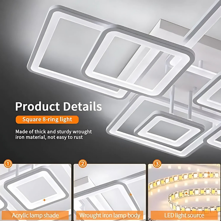 Lustra LED cu telecomanda ELLA 187W, 8 Patrate, lumina Rece/Calda/Neutra, Dimabila, Alb