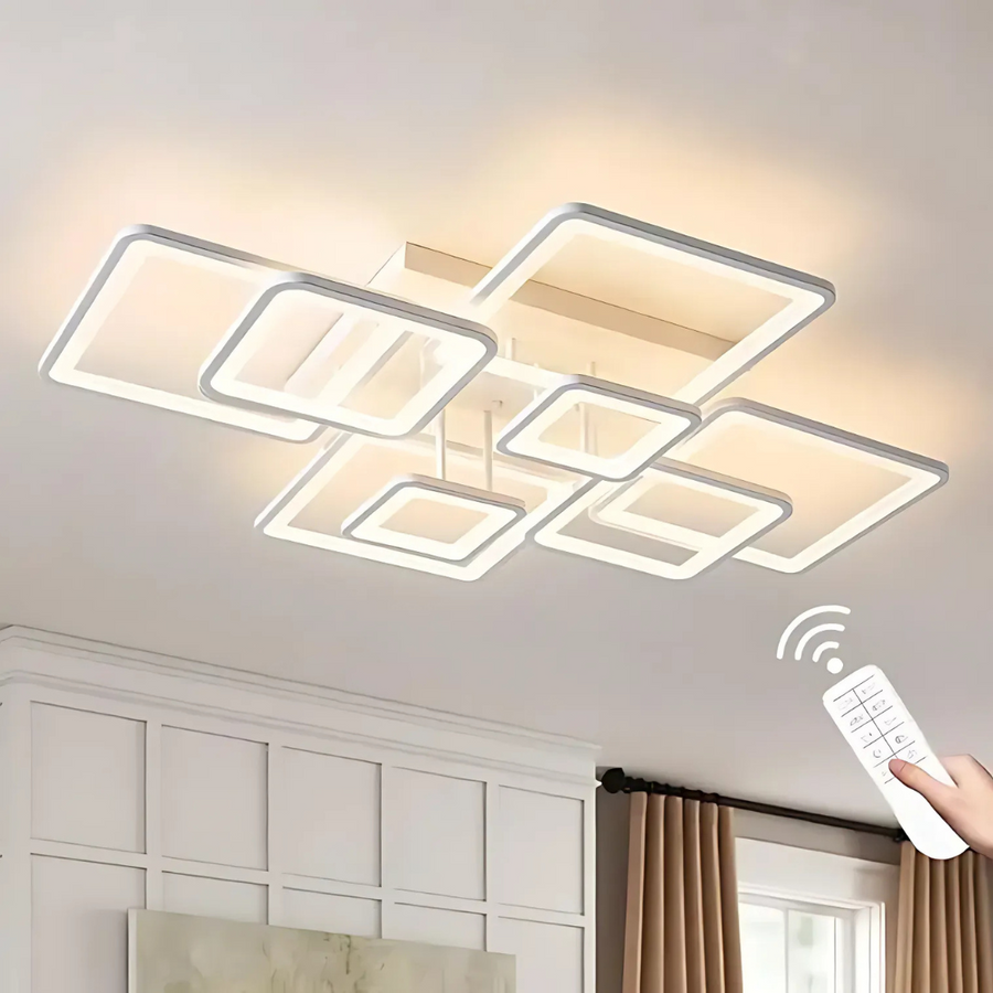 Lustra LED cu telecomanda ELLA 187W, 8 Patrate, lumina Rece/Calda/Neutra, Dimabila, Alb