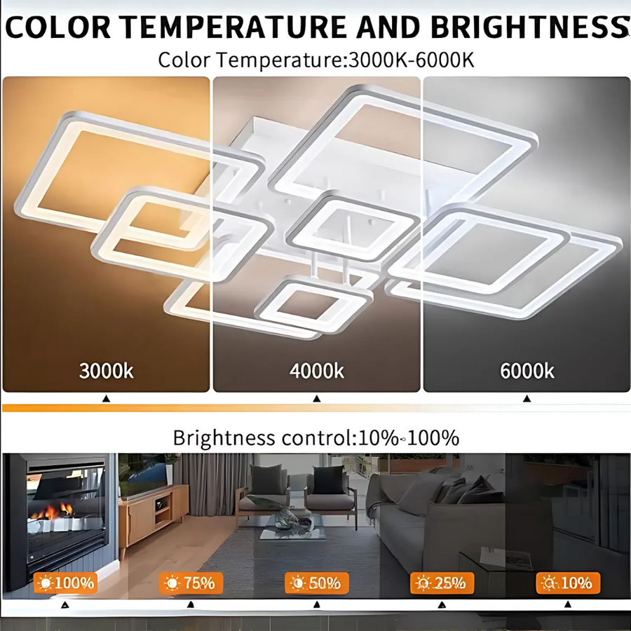 Lustra LED cu telecomanda ELLA 187W, 8 Patrate, lumina Rece/Calda/Neutra, Dimabila, Alb