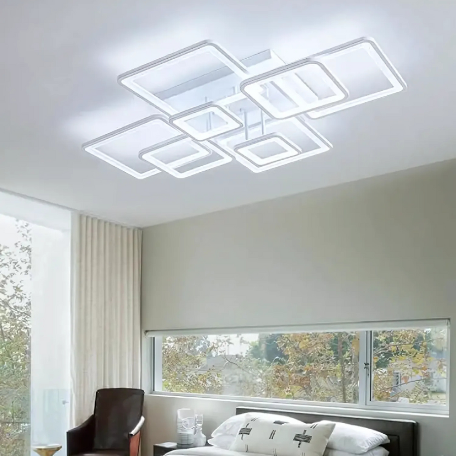 Lustra LED cu telecomanda ELLA 187W, 8 Patrate, lumina Rece/Calda/Neutra, Dimabila, Alb