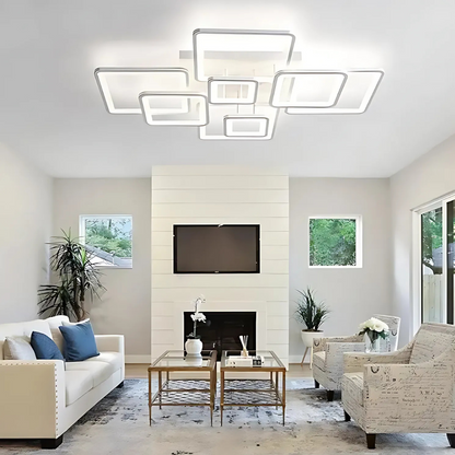 Lustra LED cu telecomanda ELLA 187W, 8 Patrate, lumina Rece/Calda/Neutra, Dimabila, Alb