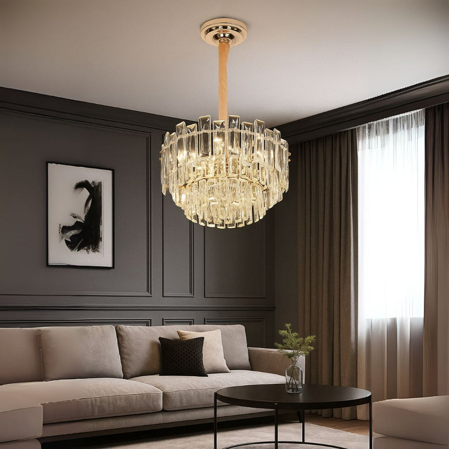 Candelabru Cristal FONTAINEBLEAU Eleganza, 9x E14, Diametru 45cm, Auriu, Inaltime Reglabila