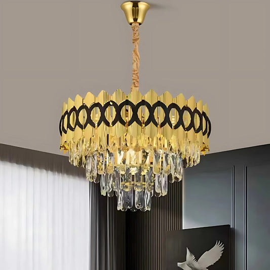 Candelabru Cristal PIERREFONDS Petito 3xE14, Diametru 37.5cm, Auriu Lucios, Inaltime Reglabila