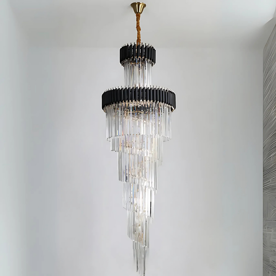 Candelabru Cristal CC900/600X1800, 27xE14, Diametru 60cm, Inaltime 180cm, Auriu Lucios si Negru, Inaltime Reglabila, Design Elegant