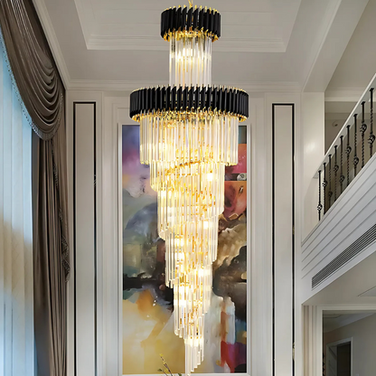 Candelabru Cristal CC900/600X1800, 26xE14, Diametru 60cm, Inaltime 1800cm, Auriu Lucios si Negru, Inaltime Reglabila, Design Elegant