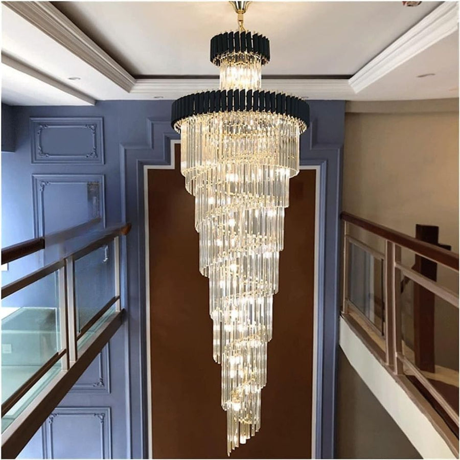 Candelabru Cristal CC900/700X2200, 34xE14, Diametru 70cm, Inaltime 220cm, Auriu Lucios si Negru, Inaltime Reglabila, Design Elegant