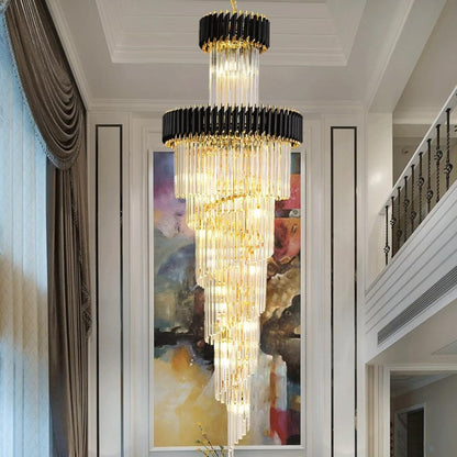 Candelabru Cristal CC900/700X2200, 34xE14, Diametru 70cm, Inaltime 220cm, Auriu Lucios si Negru, Inaltime Reglabila, Design Elegant