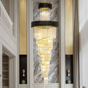 Candelabru Cristal CC900/700X2200, 34xE14, Diametru 70cm, Inaltime 220cm, Auriu Lucios si Negru, Inaltime Reglabila, Design Elegant