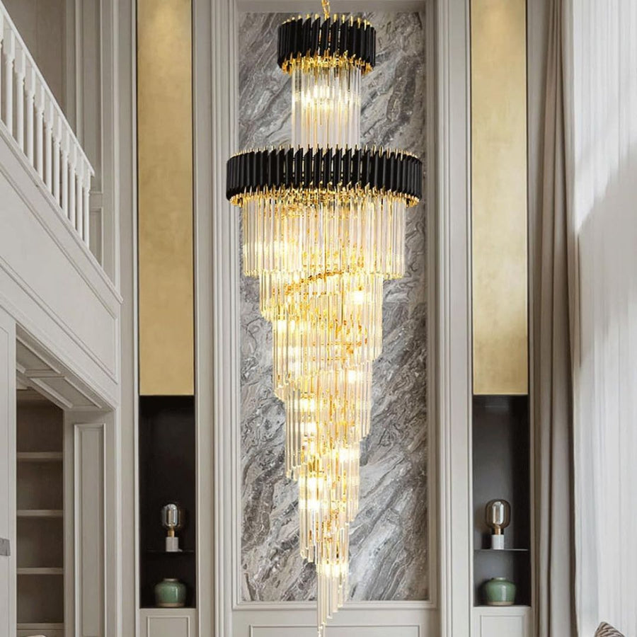 Candelabru Cristal CC900/700X2200, 34xE14, Diametru 70cm, Inaltime 220cm, Auriu Lucios si Negru, Inaltime Reglabila, Design Elegant