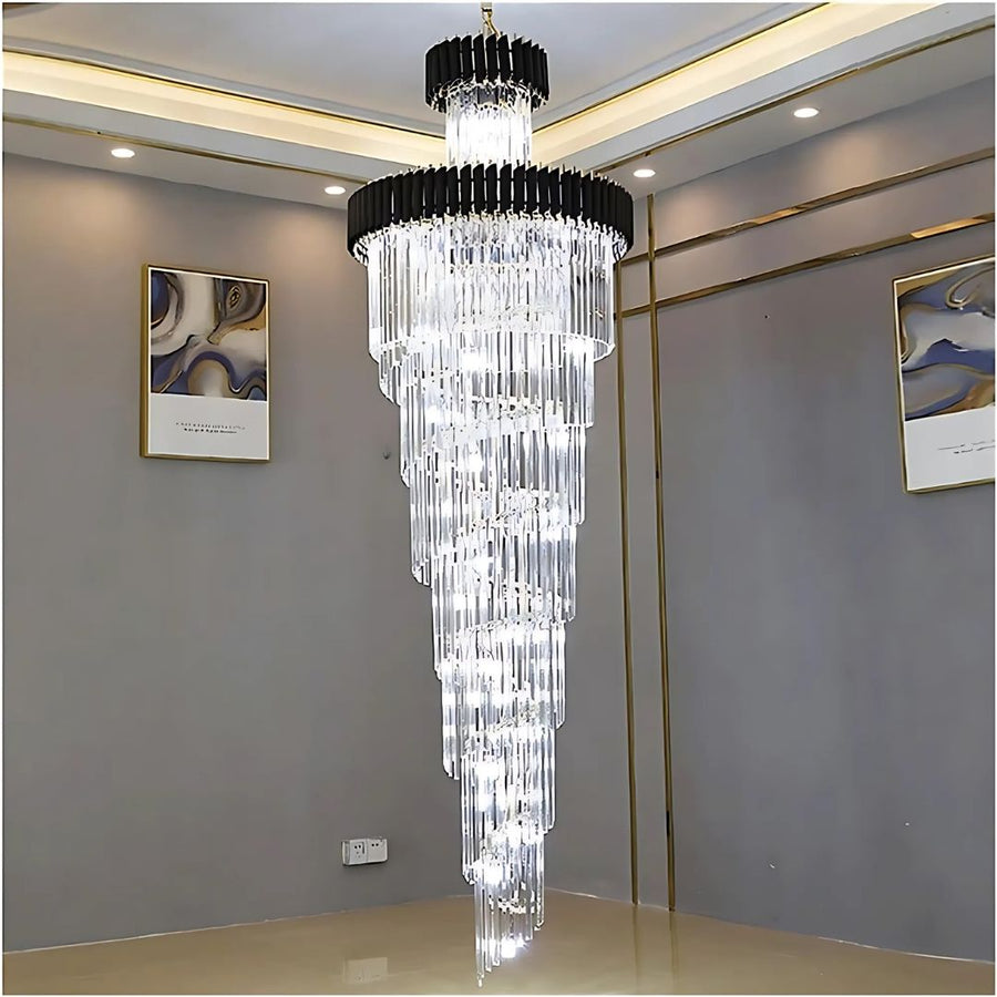 Candelabru Cristal CC900/700X2200, 34xE14, Diametru 70cm, Inaltime 220cm, Auriu Lucios si Negru, Inaltime Reglabila, Design Elegant