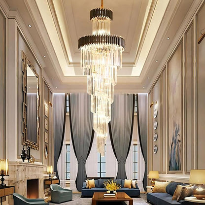 Candelabru Cristal CC900/700X2200, 34xE14, Diametru 70cm, Inaltime 220cm, Auriu Lucios si Negru, Inaltime Reglabila, Design Elegant