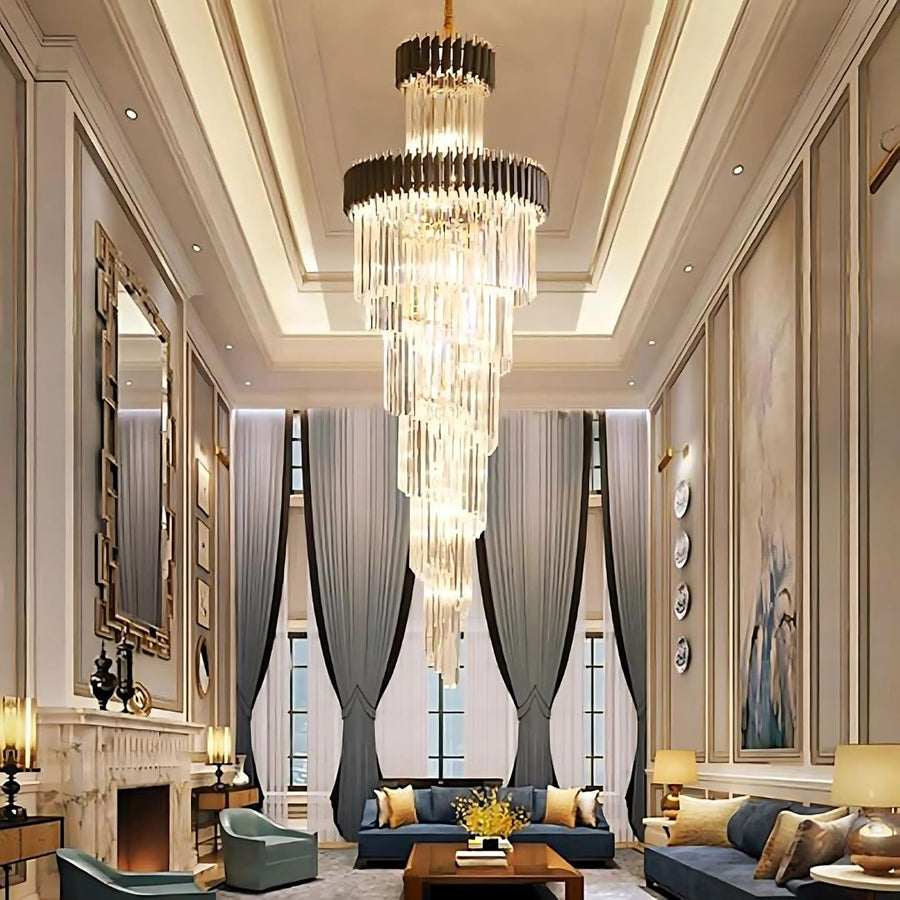 Candelabru Cristal CC900/700X2200, 34xE14, Diametru 70cm, Inaltime 220cm, Auriu Lucios si Negru, Inaltime Reglabila, Design Elegant