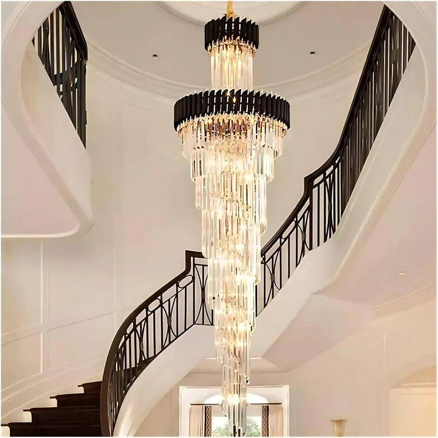 Candelabru Cristal CC900/700X2200, 34xE14, Diametru 70cm, Inaltime 220cm, Auriu Lucios si Negru, Inaltime Reglabila, Design Elegant